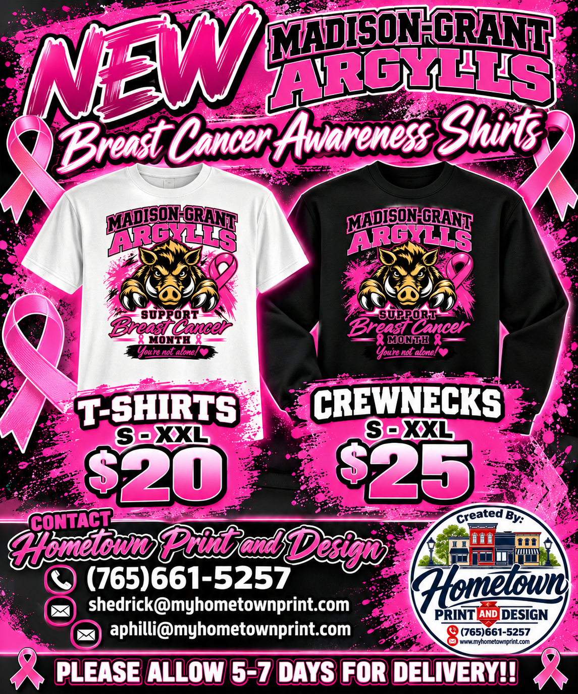 Madison-Grant Argylls Breast Cancer Awareness shirt flyer — t-shirts $20, crewnecks $25, sizes S to XXL, allow 5 to 7 days for delivery